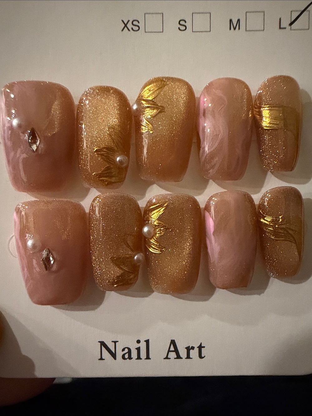 Neutral Pink & Gold Cateye handmade acrylic Press-On Nail Set with Pearl Accents